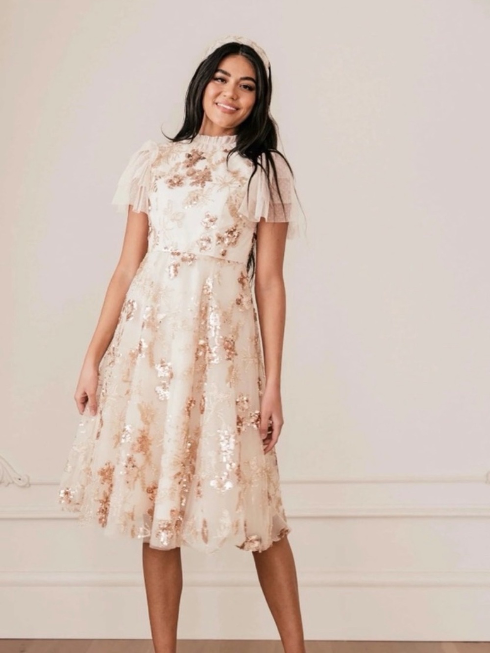 JessaKae Cream and Gold Floral Sequin Tulle Dress